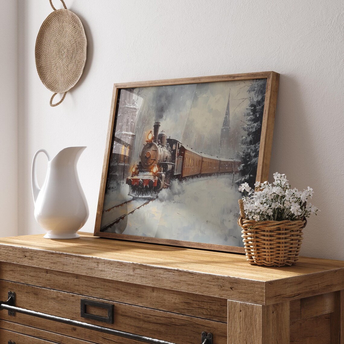 Vintage Steam Train Arriving at a Snowy Town at Dusk Poster Art - Image 2