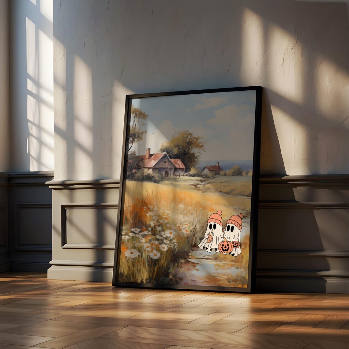 Two Cute Ghosts At An Autumn Farmhouse With Daisies Fall Poster - Image 4