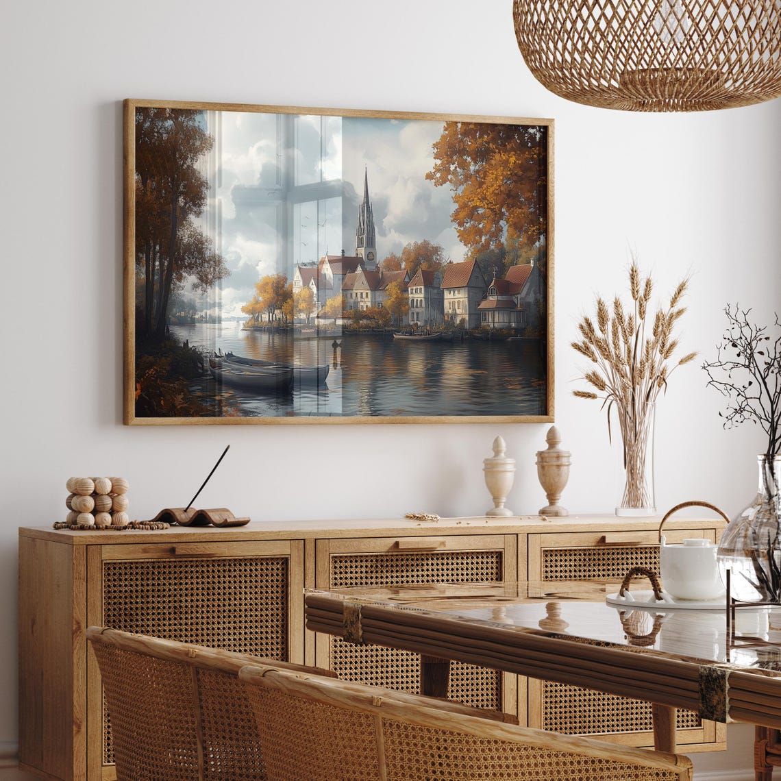 European Riverside Village with Church Spire in Autumn Poster - Image 4