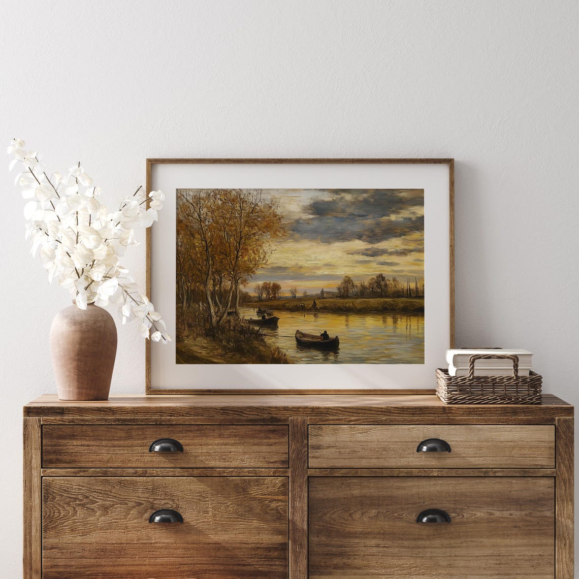 Fishermen in Boats on a Shimmering Sunset River Painting Poster - Image 4