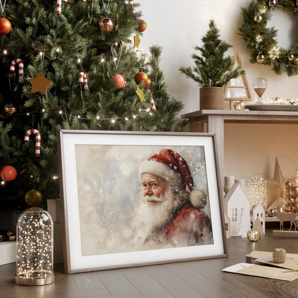 Jolly Santa Claus Smiling Through Soft Falling Snow Watercolor Poster - Image 4