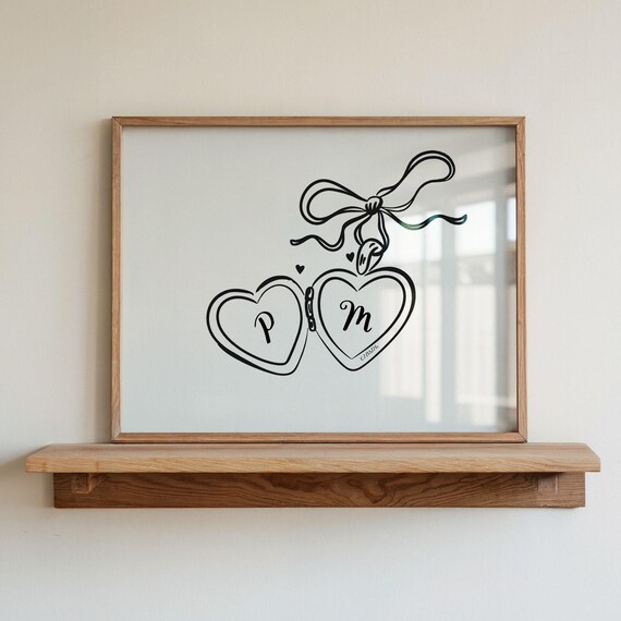 Heart Shaped Locket Line Art Personalized Couple Initials Poster