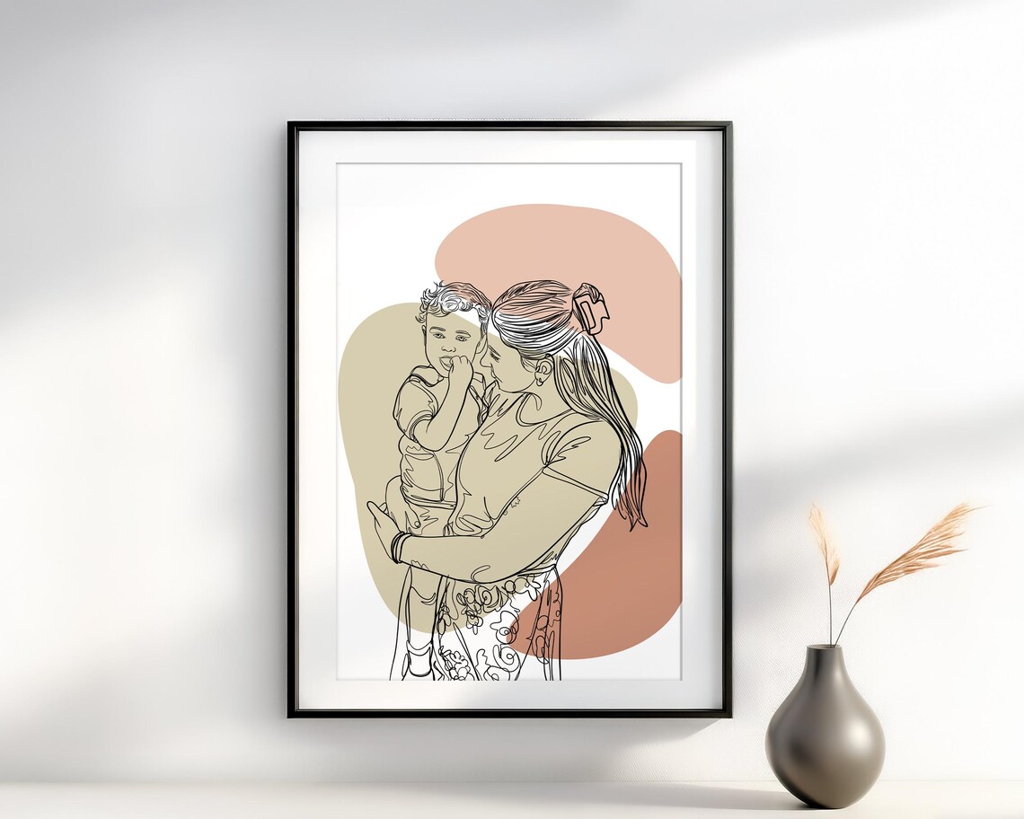 Mother Holding Toddler Line Art Portrait in Terracotta Hues Poster