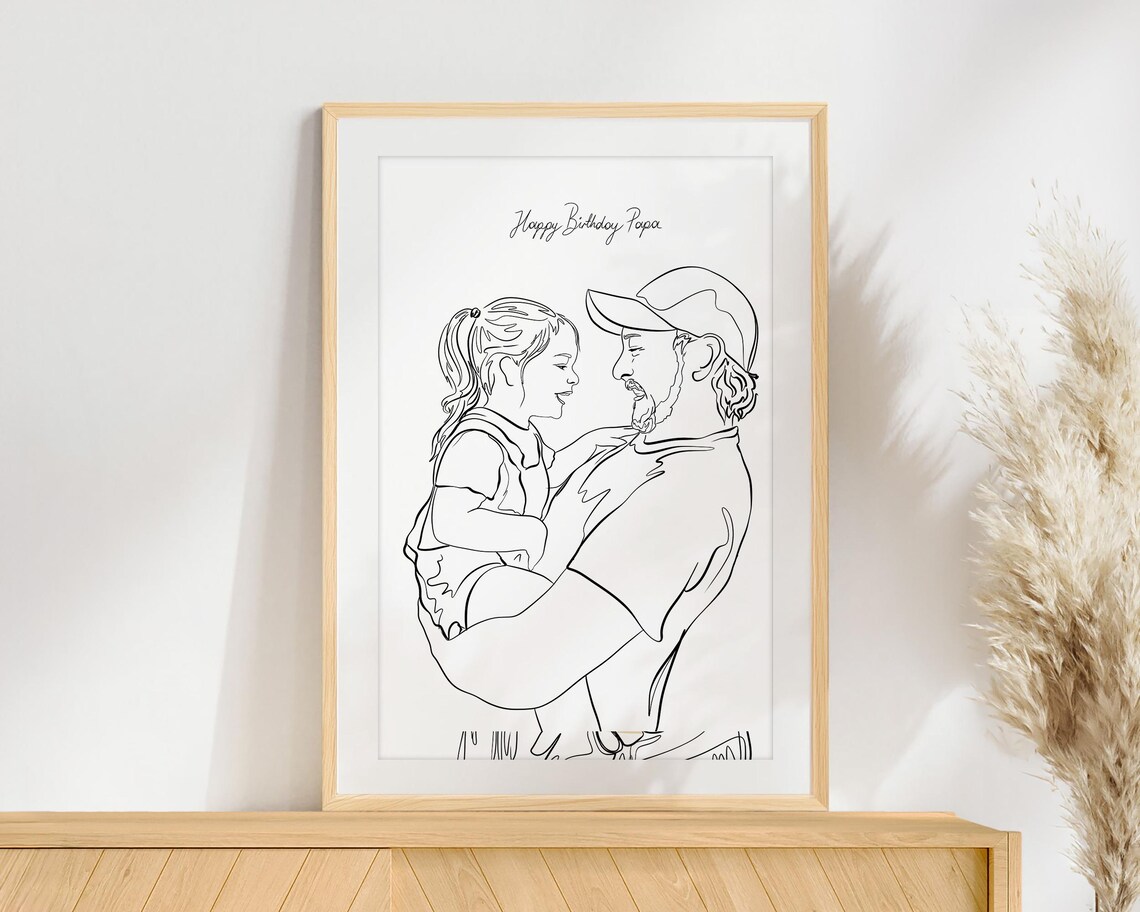 Happy Birthday Papa Line Drawing of Dad Holding His Girl Poster