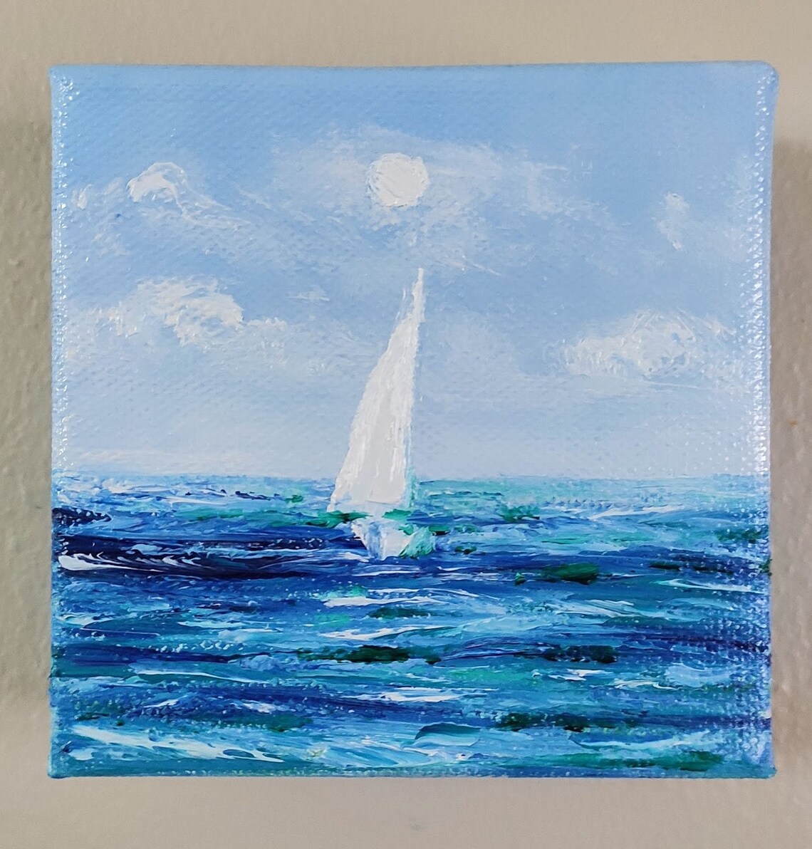 White Sailboat Sailing Under Bright Sun On Sparkling Blue Sea Art Poster