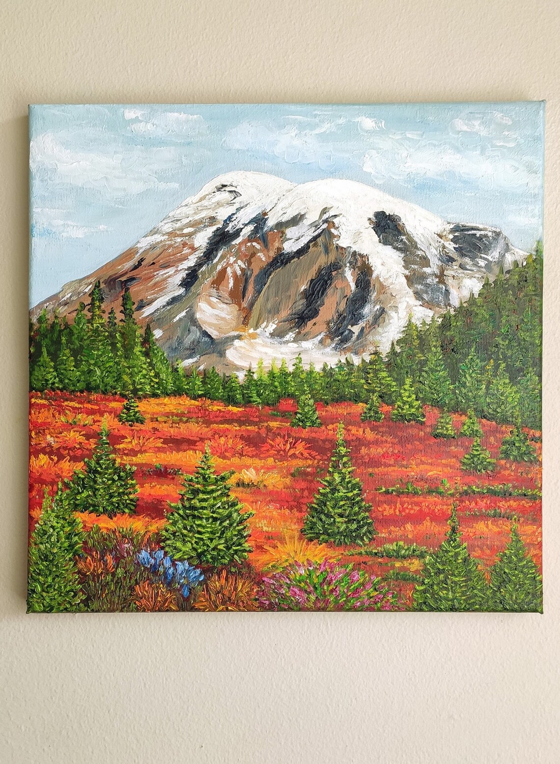 Mount Rainier Snow Peak Autumn Meadow Evergreen Landscape Painting Art - Image 2