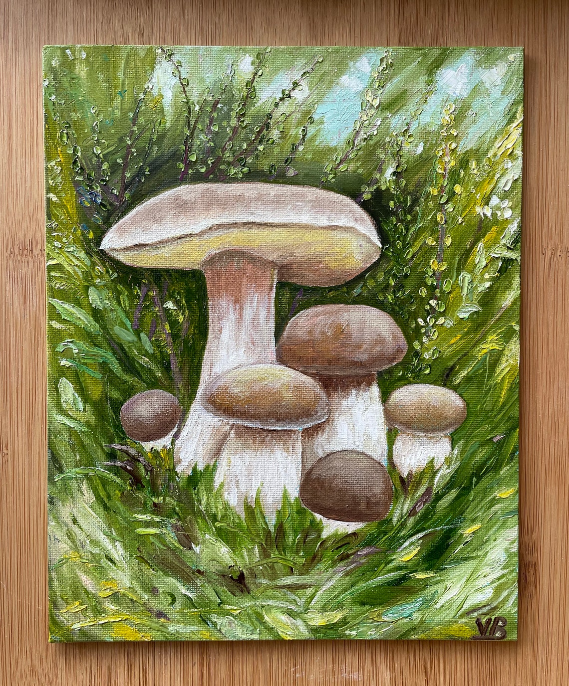 White Mushrooms Original Handmade Oil Painting On Porcini Mushroom Family Painting Small Food Kitchen Art Gift One Of A Kind - Image 4