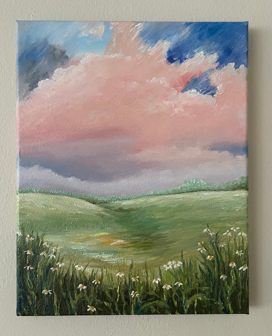 Daisy Meadow Pink Sky Rolling Hills Landscape Oil Painting Wall Art - Image 4