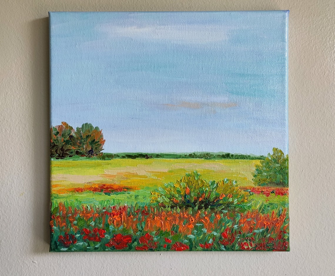 Red Poppy Wildflower Meadow Big Sky Summer Impasto Landscape Poster - Image 2