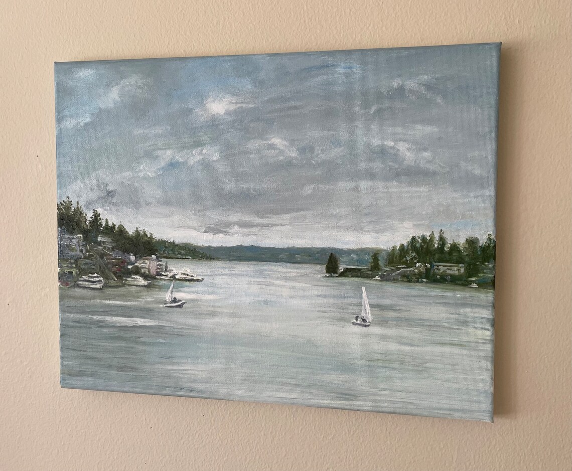 Misty Lake Sailboats Gray Day Pacific Northwest Water Oil Painting Art - Image 2
