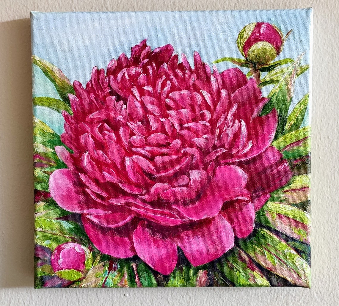 Blooming Pink Peony Buds Blue Sky Square Floral Oil Painting Poster - Image 3