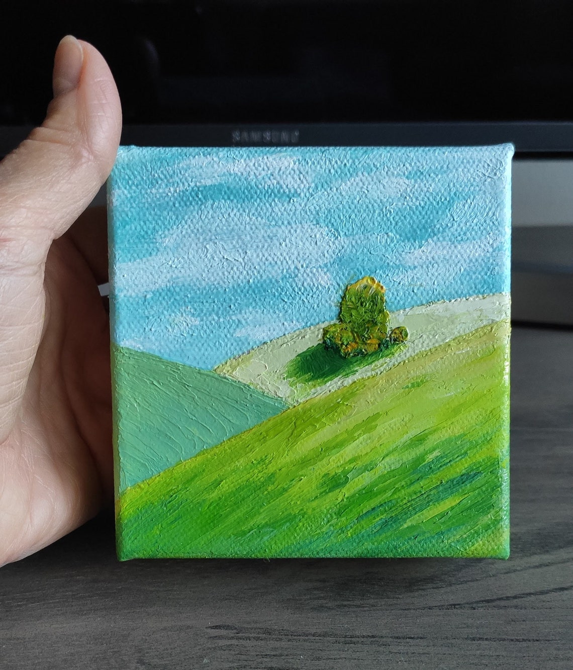 Rolling Green Hills With Lone Tree Under Bright Blue Sky Art Poster - Image 3