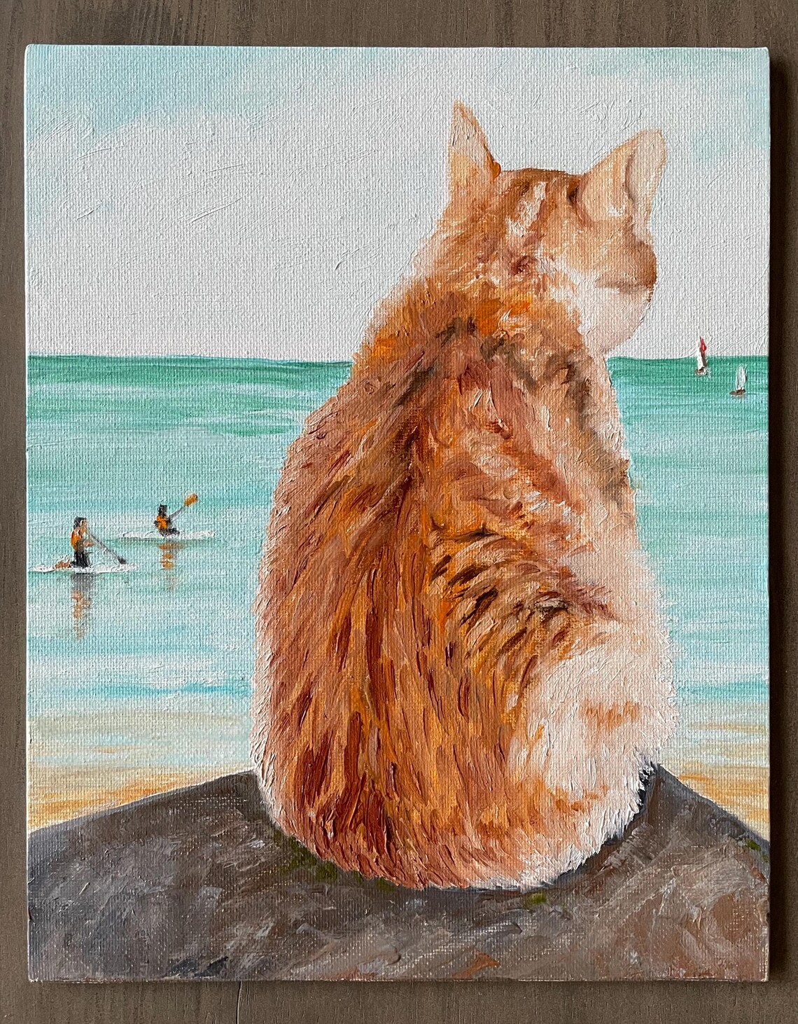 Orange Cat Watching Ocean Sailboats Seaside Oil Painting Animal Art