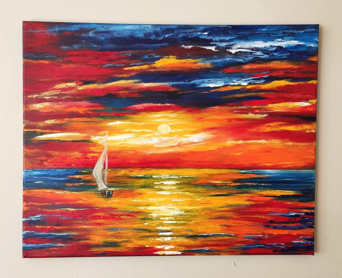 Sailboat On Blazing Red Ocean Sunset Golden Sun Nautical Art Poster - Image 3