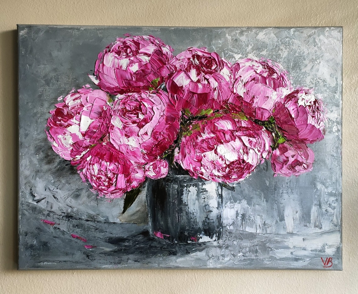 Pink Peonies Bouquet Gray Vase Impasto Floral Oil Painting Wall Art