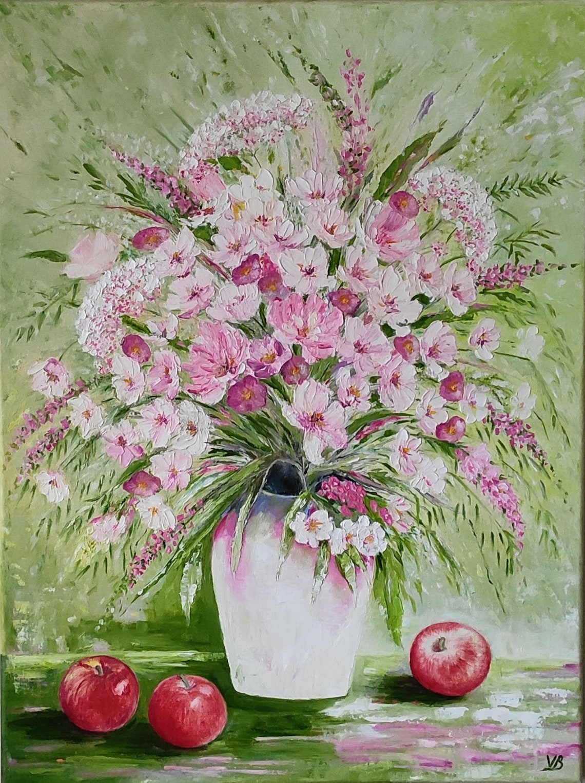 Wildflowers In A Vase Original Handmade Oil Painting On 24x18 Large Palette Knife Wildflowers Apples Painting One Of A Kind Gift - Image 3