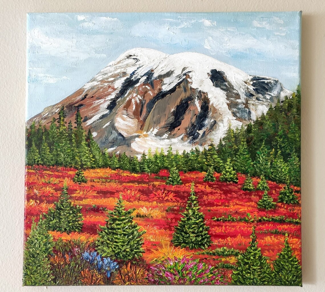 Mount Rainier Snow Peak Autumn Meadow Evergreen Landscape Painting Art - Image 3