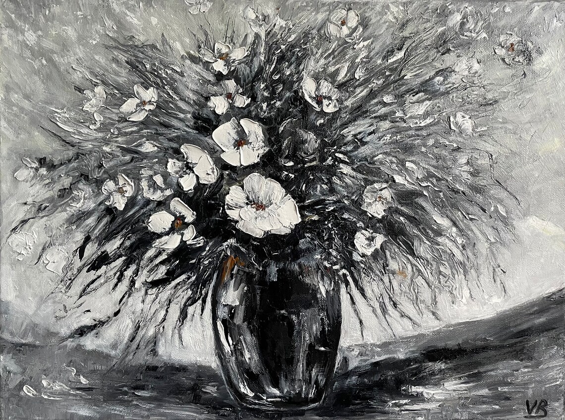 White Wildflowers Bouquet Dark Vase Monochrome Oil Painting Wall Art - Image 4