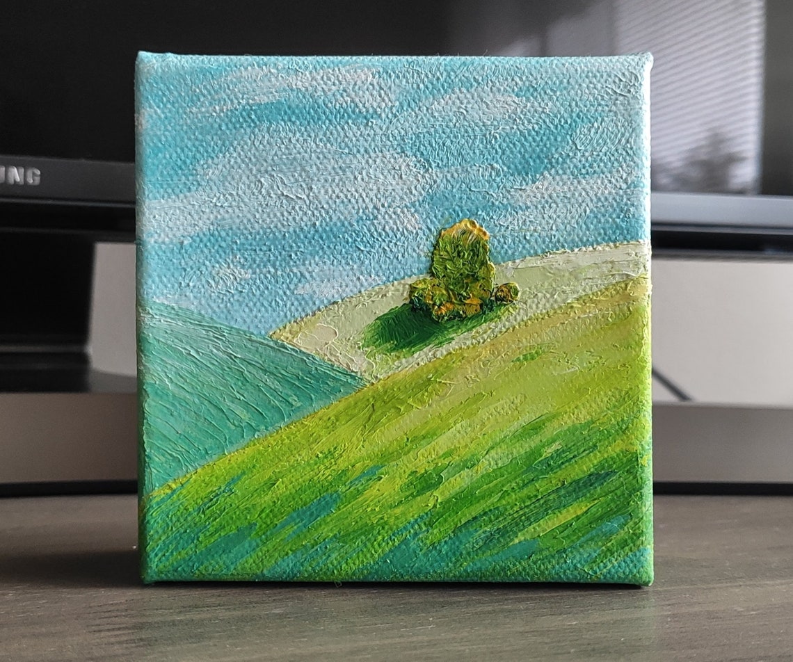 Rolling Green Hills With Lone Tree Under Bright Blue Sky Art Poster - Image 2