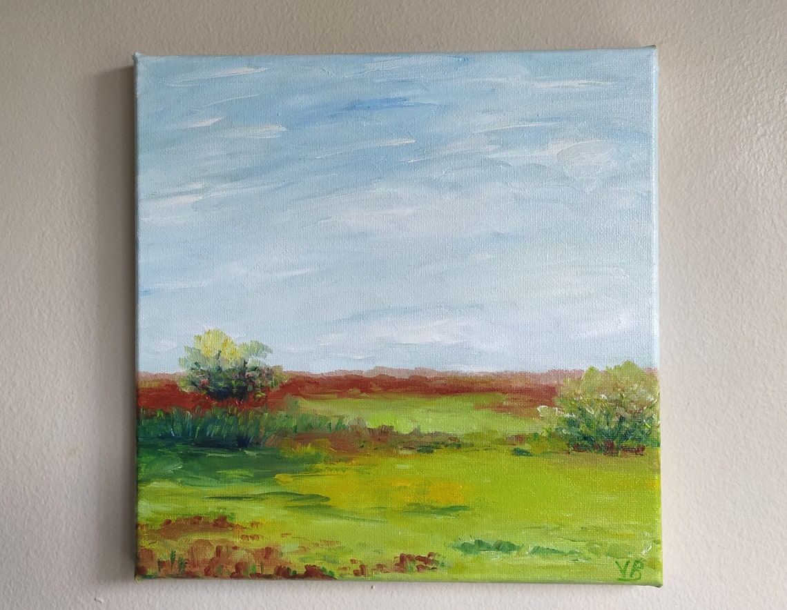 Open Green Country Meadow With Distant Tree Line Blue Sky Art Poster - Image 2