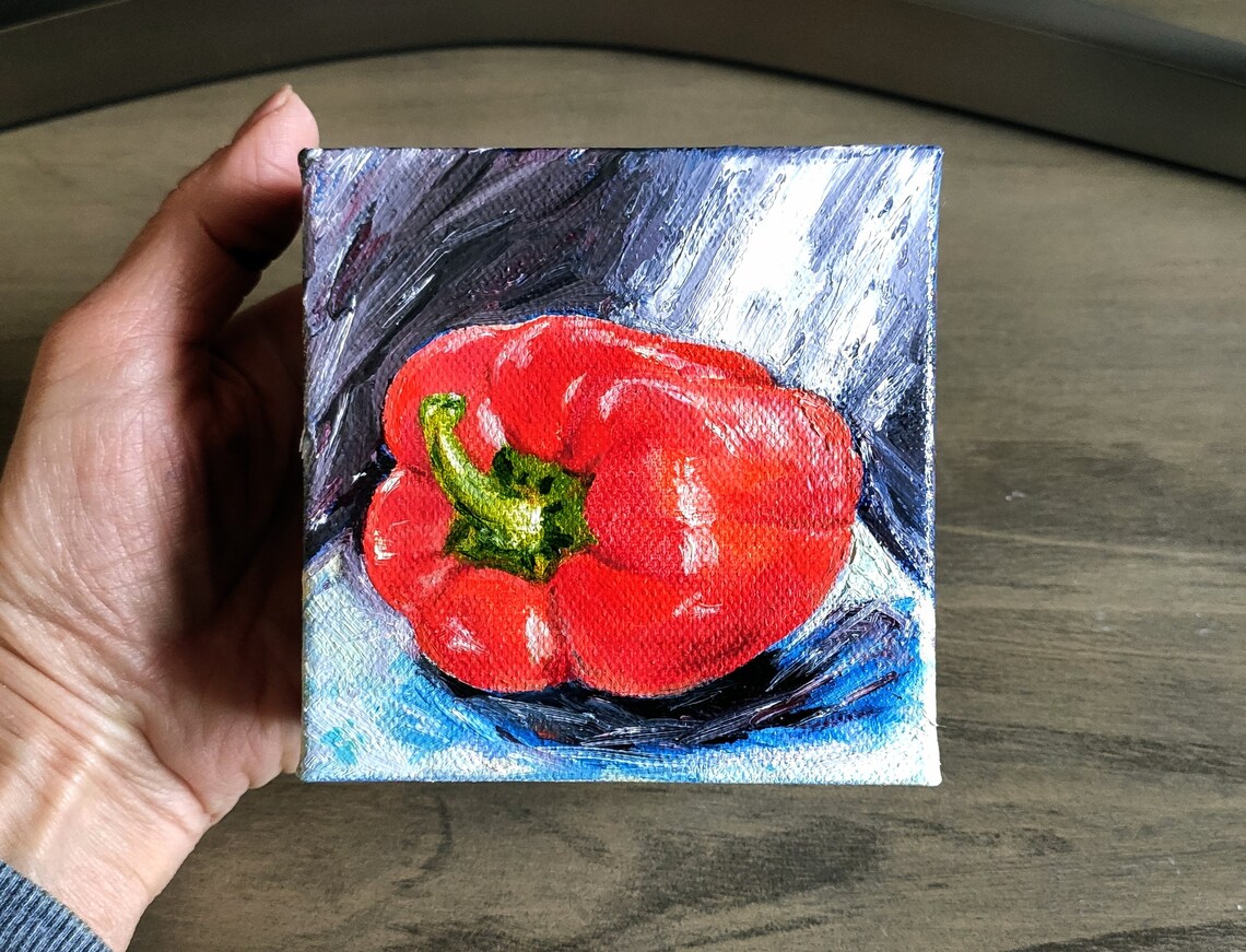 Glossy Red Bell Pepper Oil Painting Dark Background Kitchen Poster - Image 2