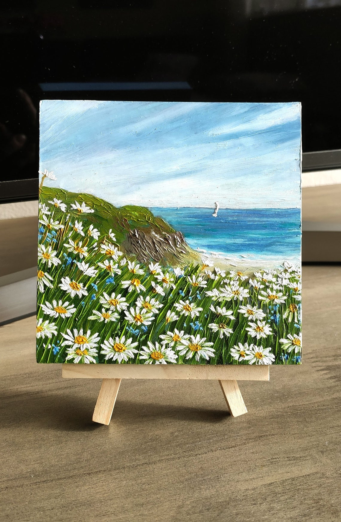 White Daisy Cliff Seaside Ocean View Mini Canvas Landscape Art Poster - Image 3