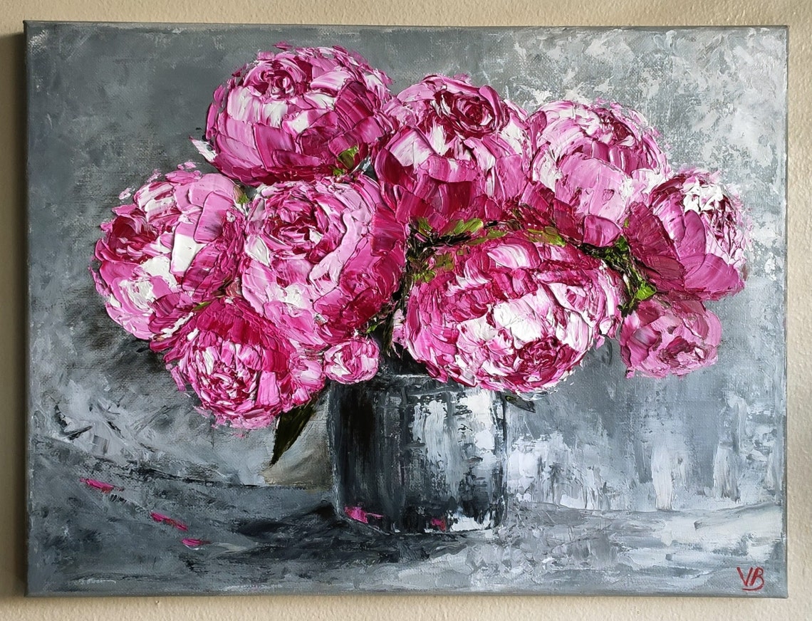 Pink Peonies Bouquet Gray Vase Impasto Floral Oil Painting Wall Art - Image 4