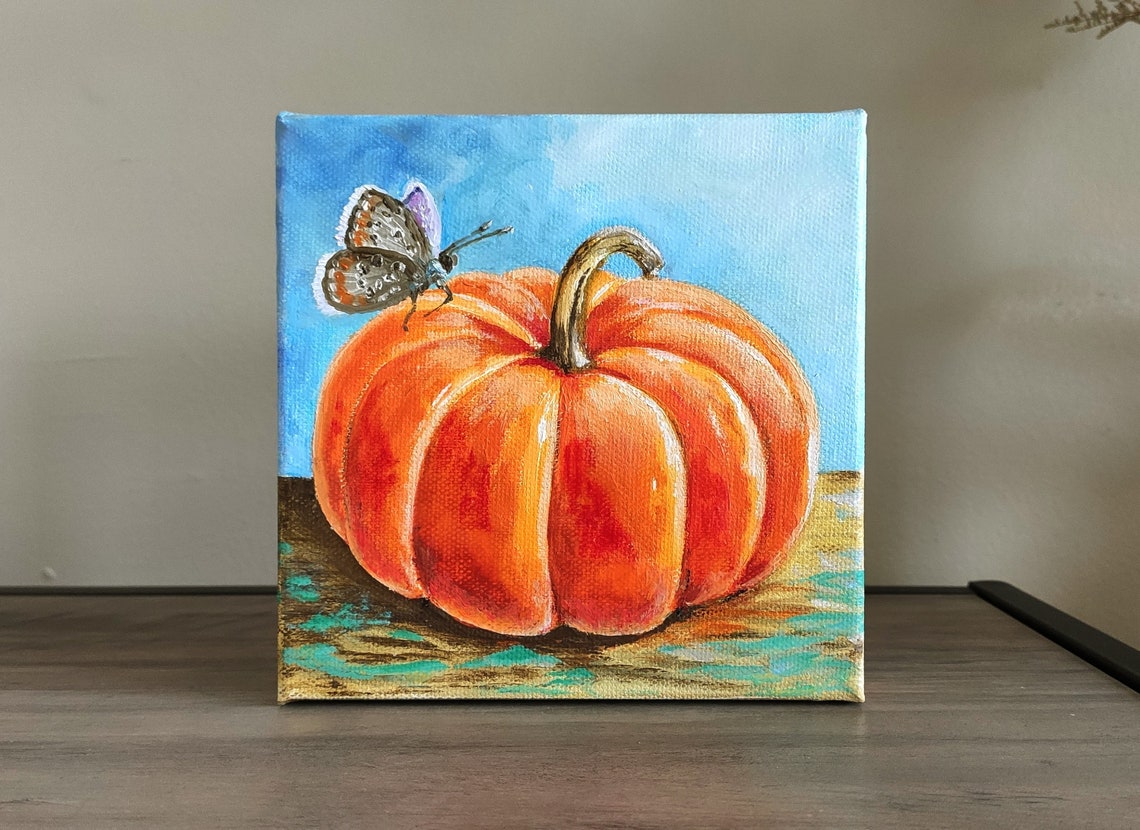 Orange Pumpkin Butterfly Fall Harvest Still Life Oil Painting Wall Art