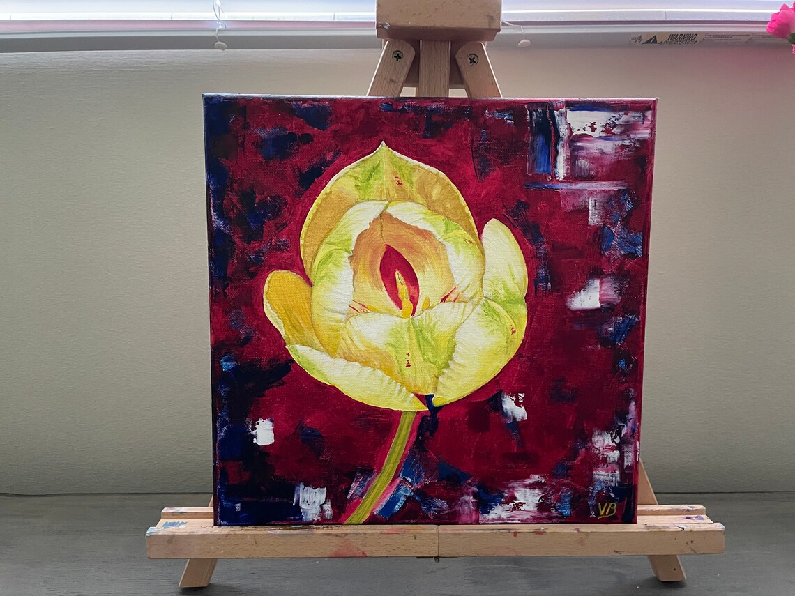 Yellow Lemon Tulip Blossom On Deep Red Background Floral Art Poster - Image 2