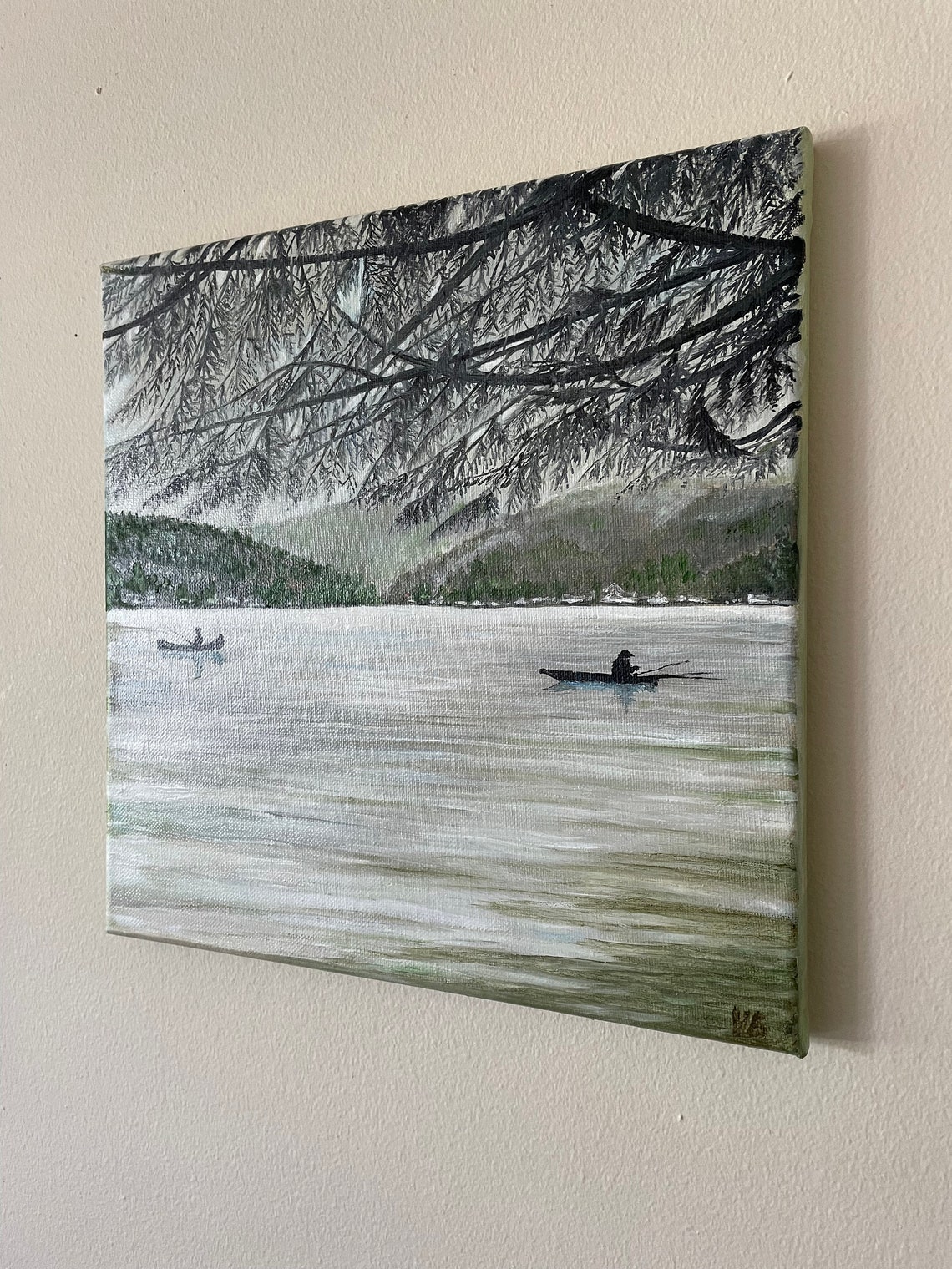 Fishing On Lake Samish Wa State Original Handmade Oil Painting On Lake Landscape Painting Fishermen On The Lake One Of A Kind - Image 2