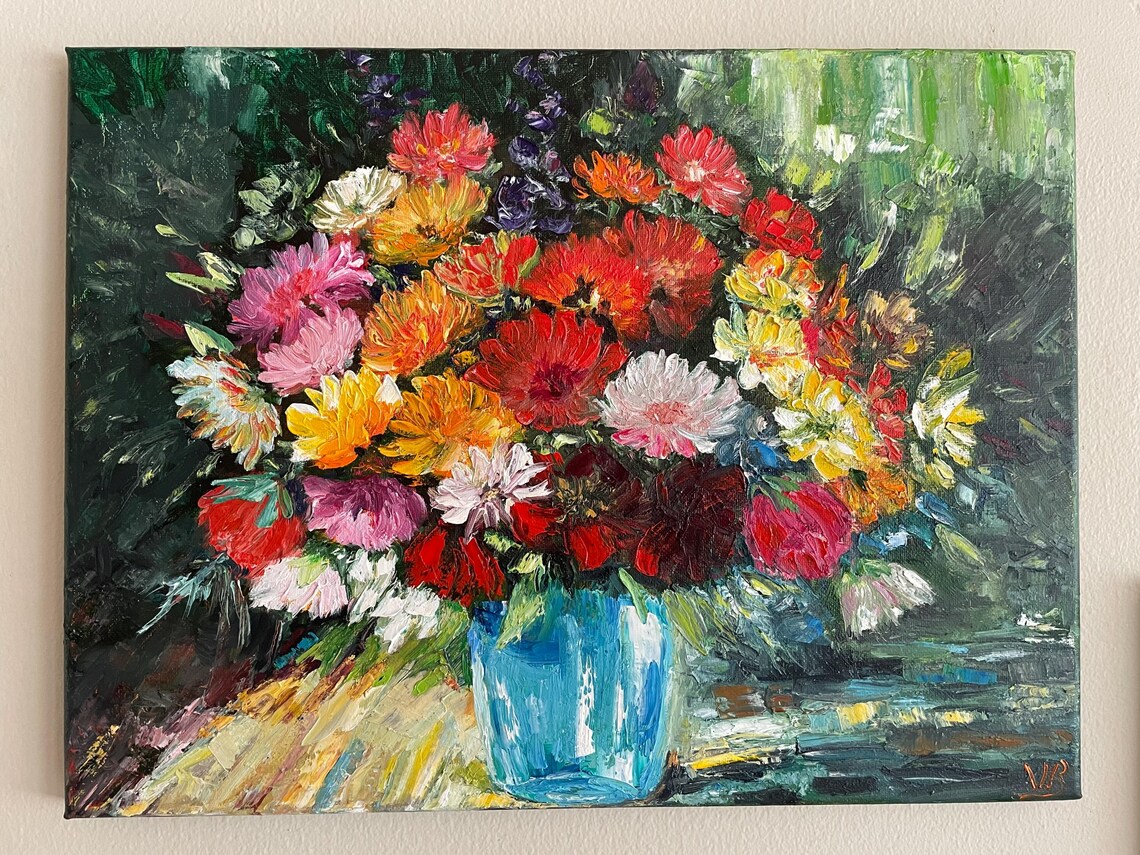 Autumn Flower Bouquet Blue Vase Colorful Impressionist Oil Wall Art