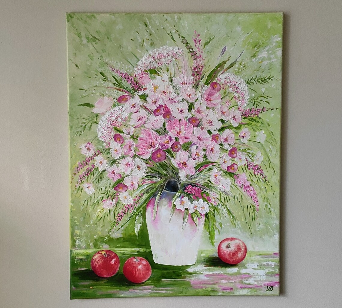 Pink Cosmos Flowers Vase Impressionist Floral Oil Painting Wall Art - Image 2