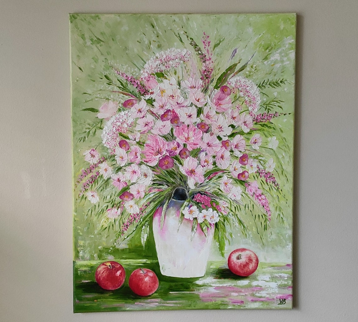 Wildflowers In A Vase Original Handmade Oil Painting On 24x18 Large Palette Knife Wildflowers Apples Painting One Of A Kind Gift - Image 2