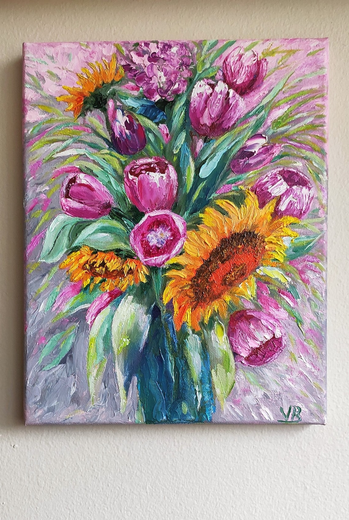 Magenta Tulips Sunflowers Bouquet Impasto Floral Oil Painting Wall Art - Image 2