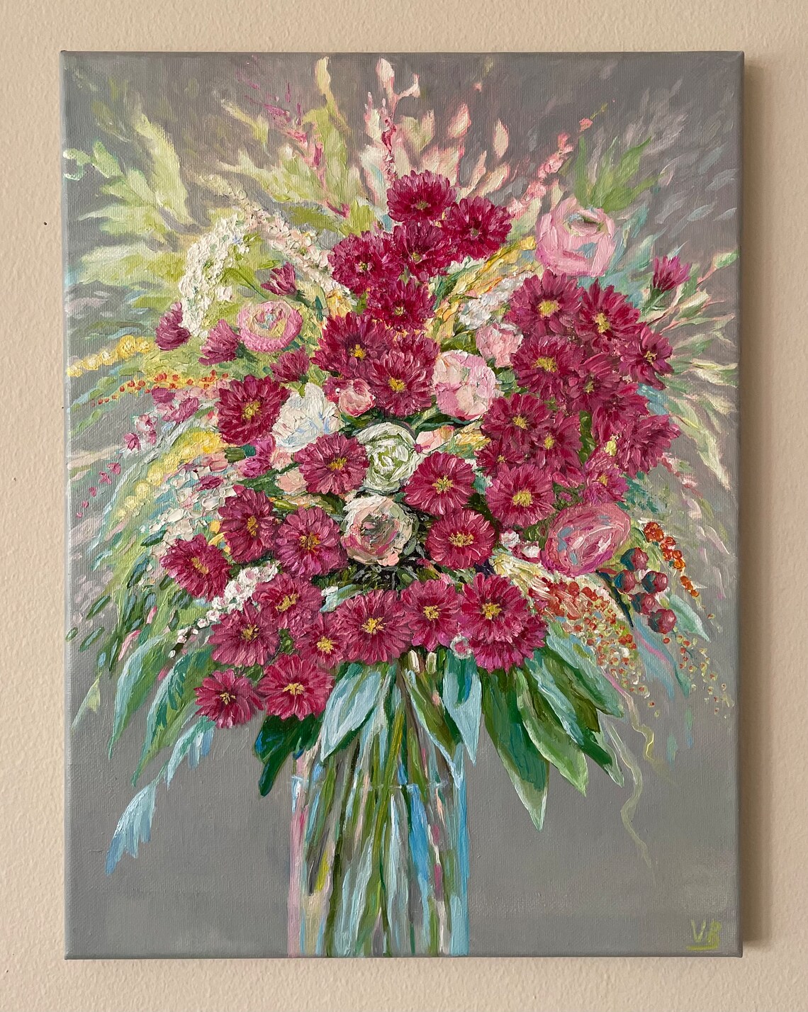 Magenta Chrysanthemum Bouquet In Glass Vase On Gray Floral Art Poster - Image 3