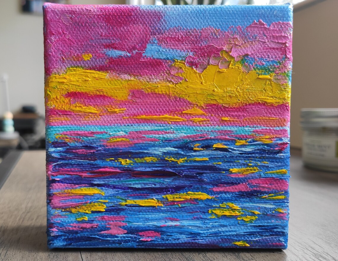 Vibrant Pink Yellow Sunset Over Blue Sea Impasto Seascape Art Poster