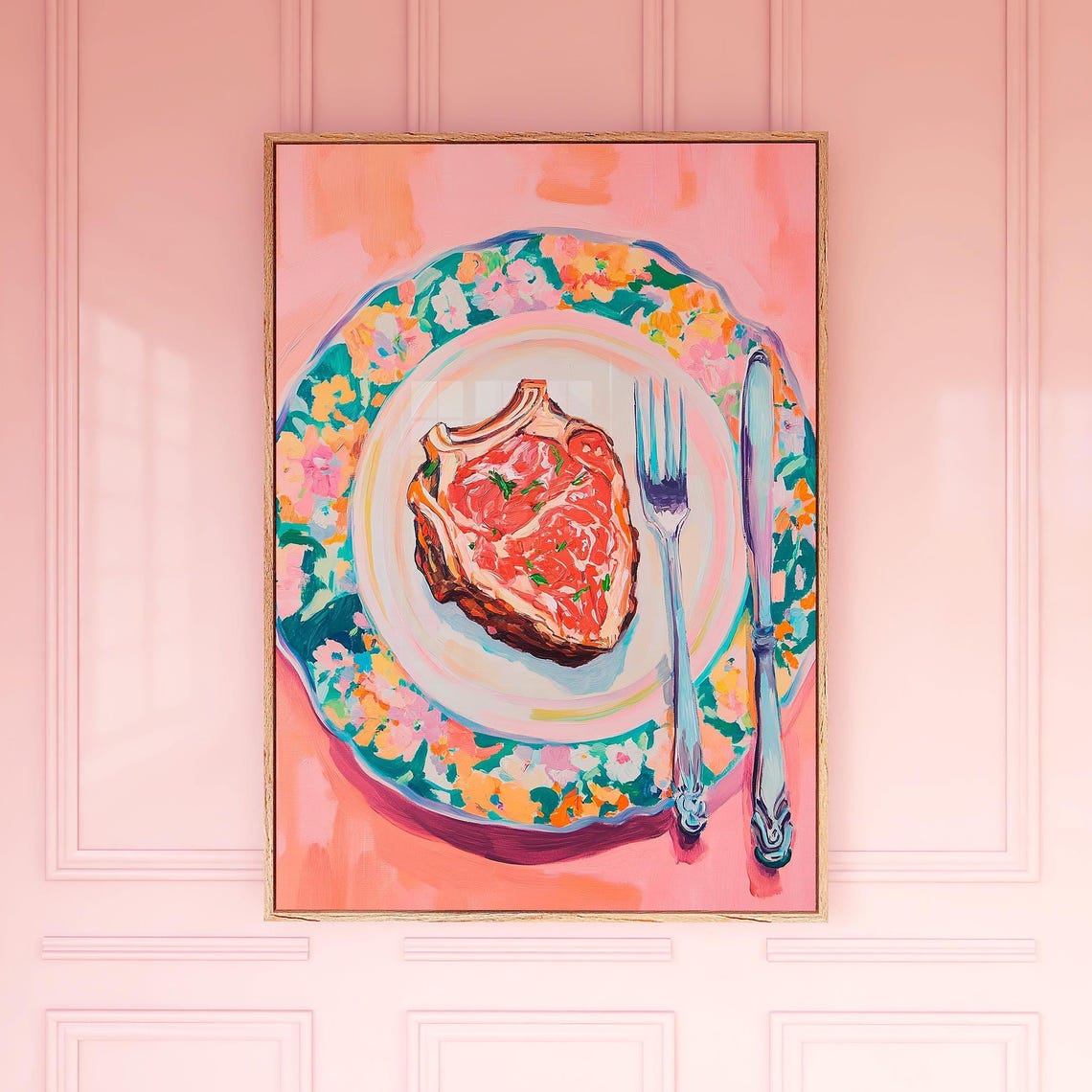 Juicy T Bone Steak Floral Plate Painterly Kitchen Art Poster