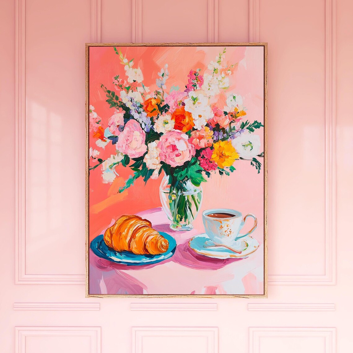 Coffee and Croissant Painting Floral Table Vibrant Breakfast Wall Poster