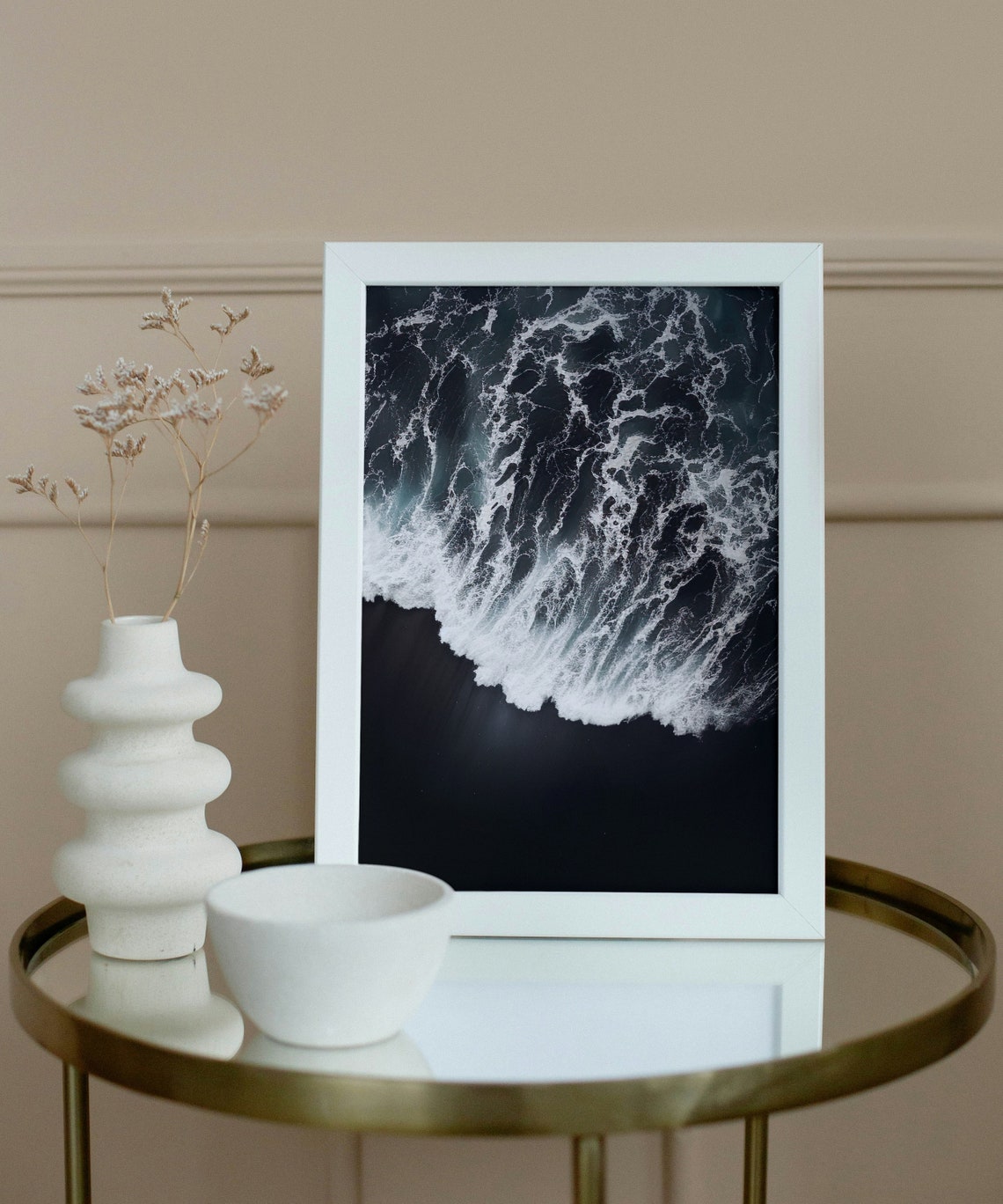 White Foam Wave Over Black Sand Dramatic Aerial Ocean Photo Poster - Image 3