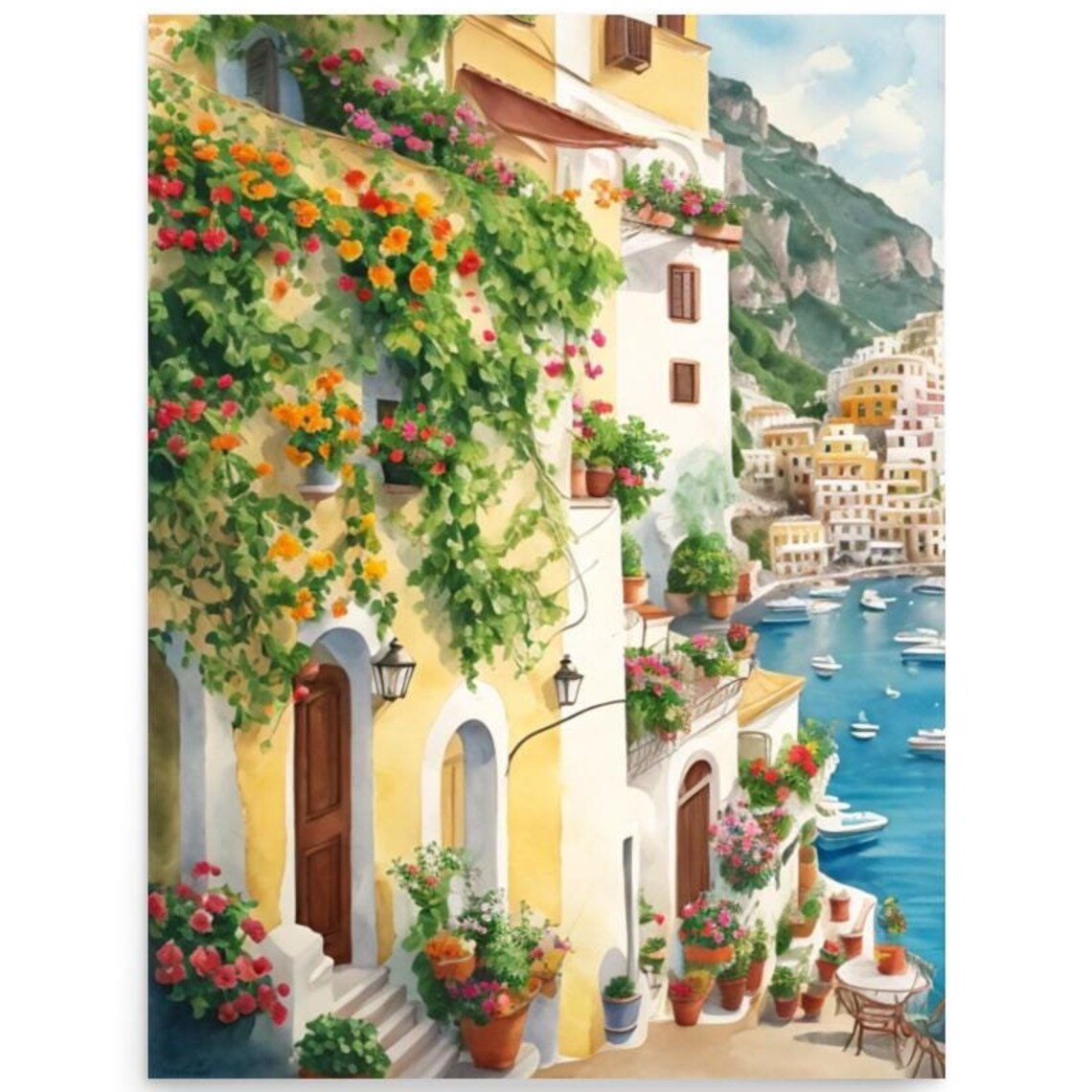 Positano Cityscape Watercolor Art Print, Amalfi Coast