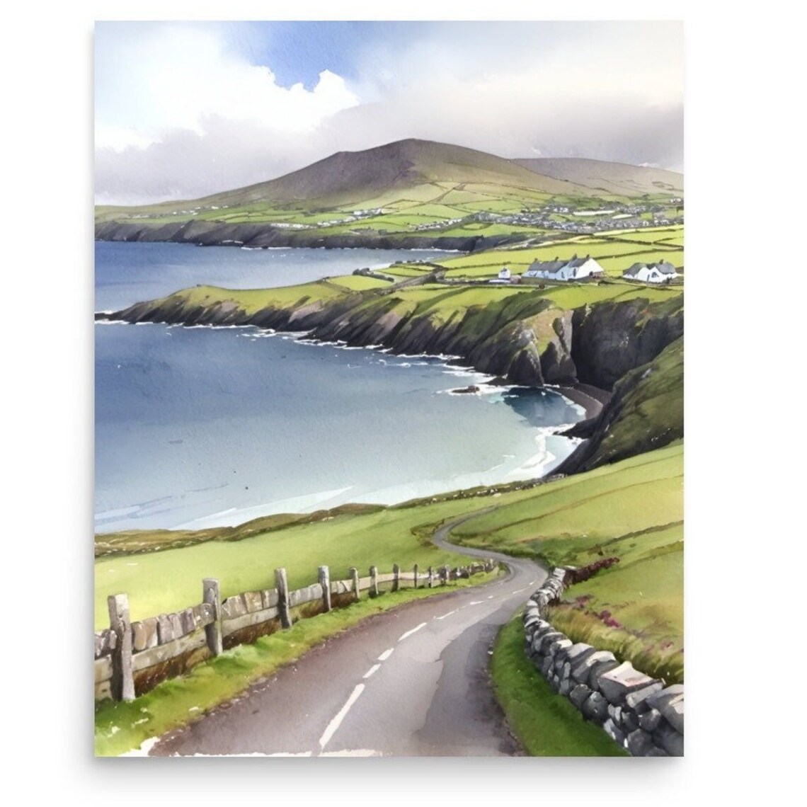 Dingle Peninsula Watercolor Art Print, Ireland Coast