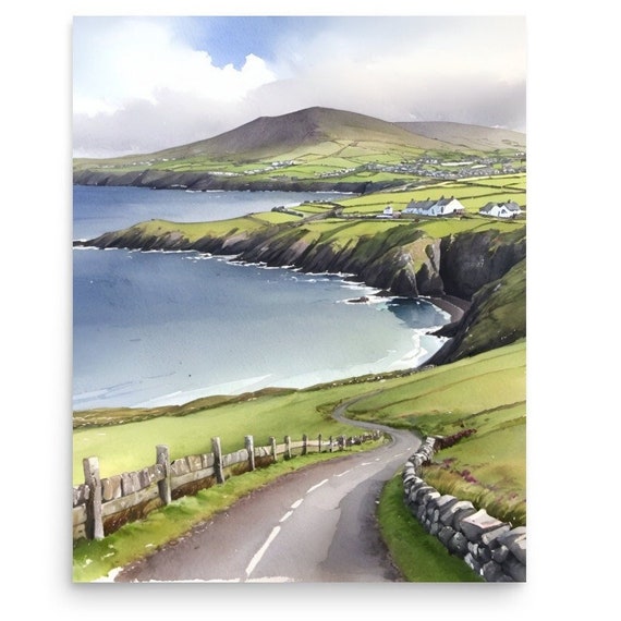 Dingle Peninsula Watercolor Art Print, Ireland Coast