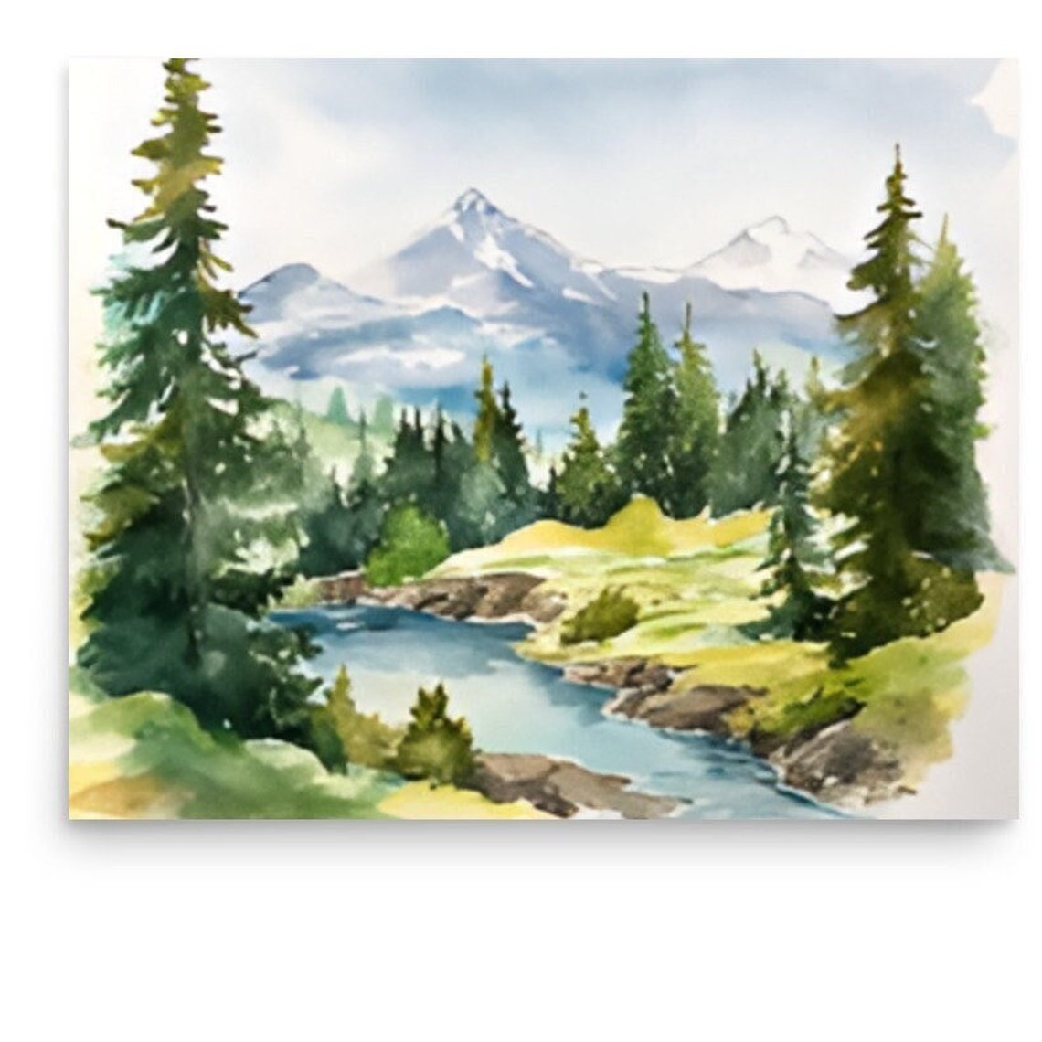 Mountain River Pine Trees Snowy Peaks Fresh Alpine Watercolor Poster