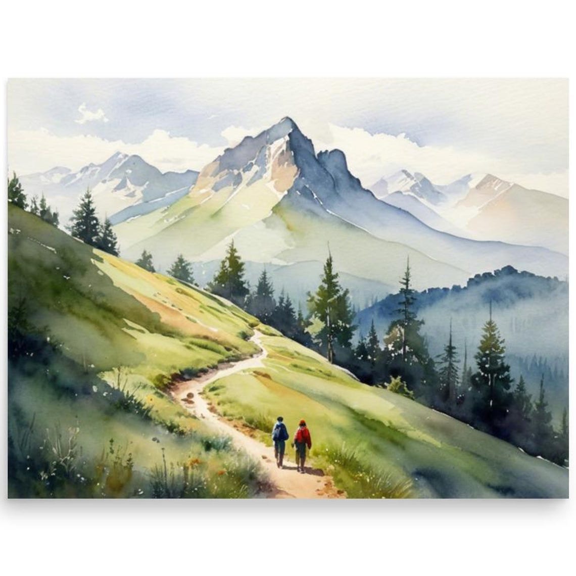 Two Hikers on Alpine Trail Watercolor Mountain Adventure Poster
