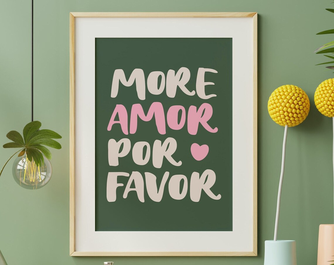 More Amor Por Favor Spanish Love Quote Green Pink Wall Decor Poster