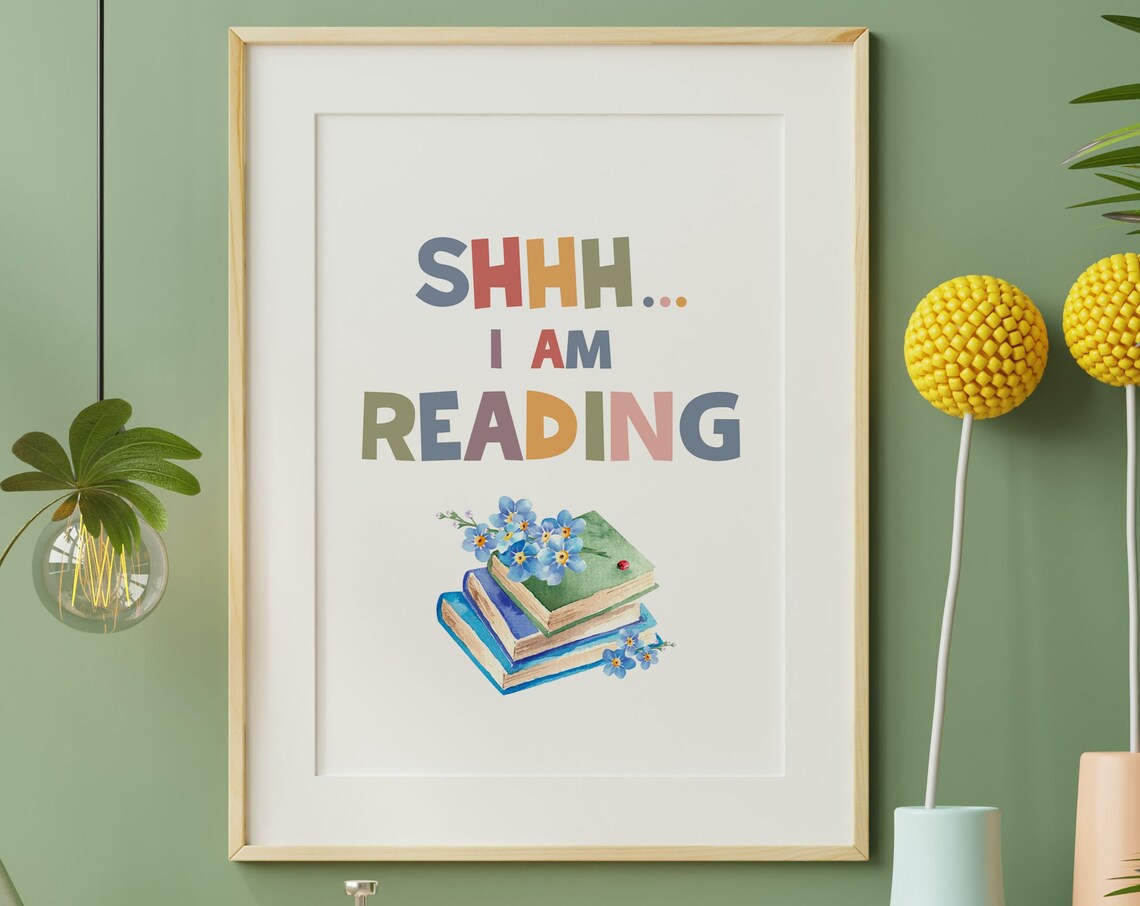 Shhh I Am Reading Watercolor Books Bookworm Gift Quote Poster