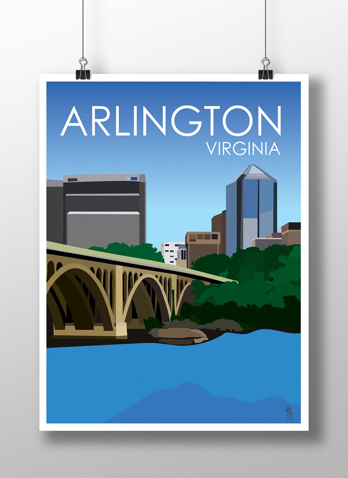 Arlington Virginia Potomac River Key Bridge Cityscape Travel Poster