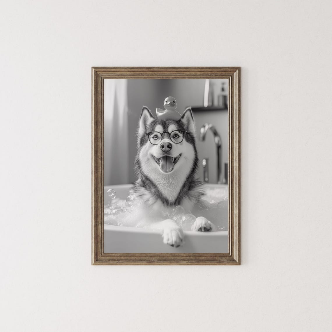 Alaskan Malamute in Bubble Bath With Rubber Duck on Head Funny Poster - Image 2