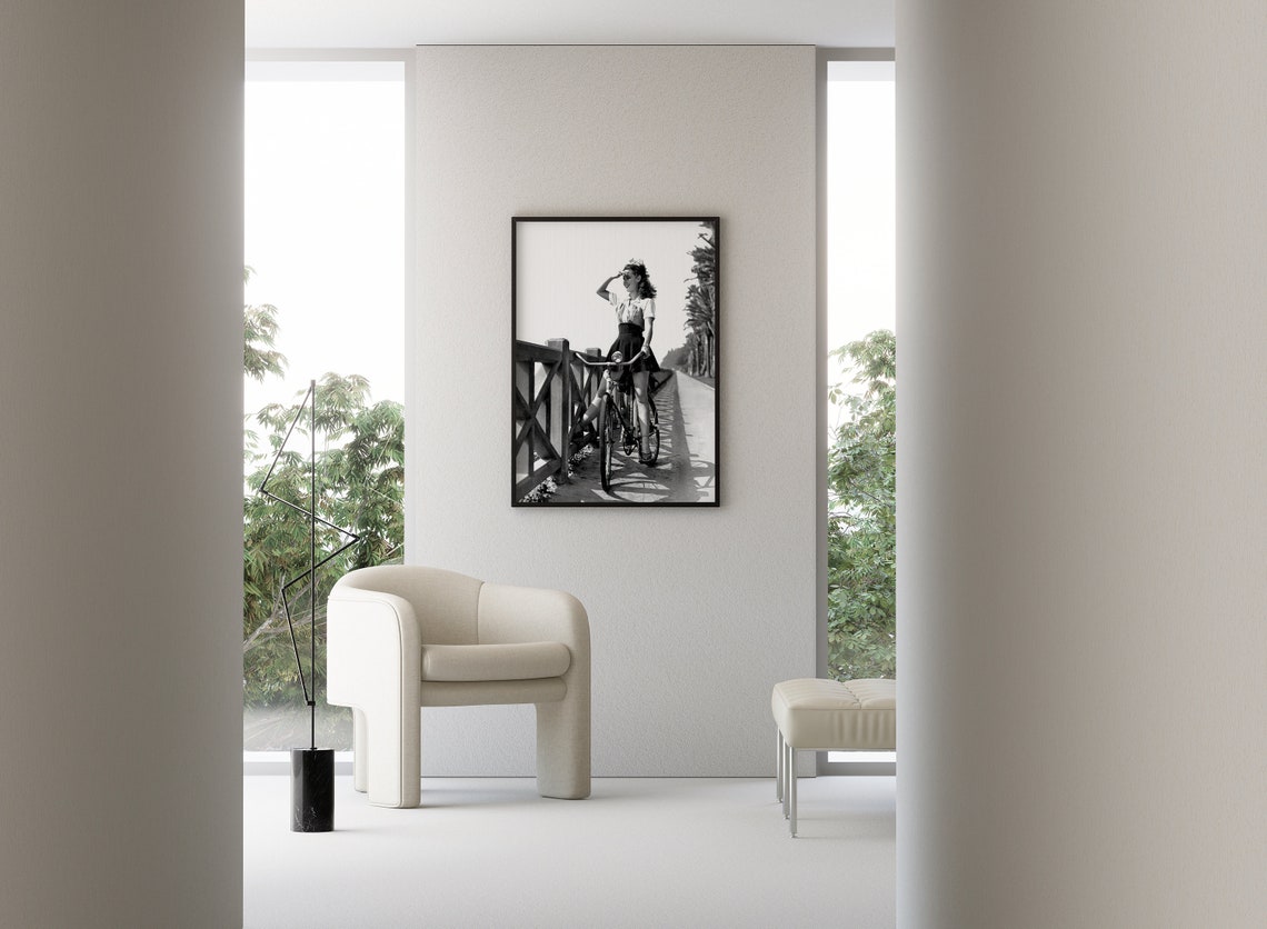 Young Woman Riding Bike Wall Art Black And White Print Vintage Fashion Poster Old Hollywood Actress Susan Peters Retro Wall Decor - Image 3