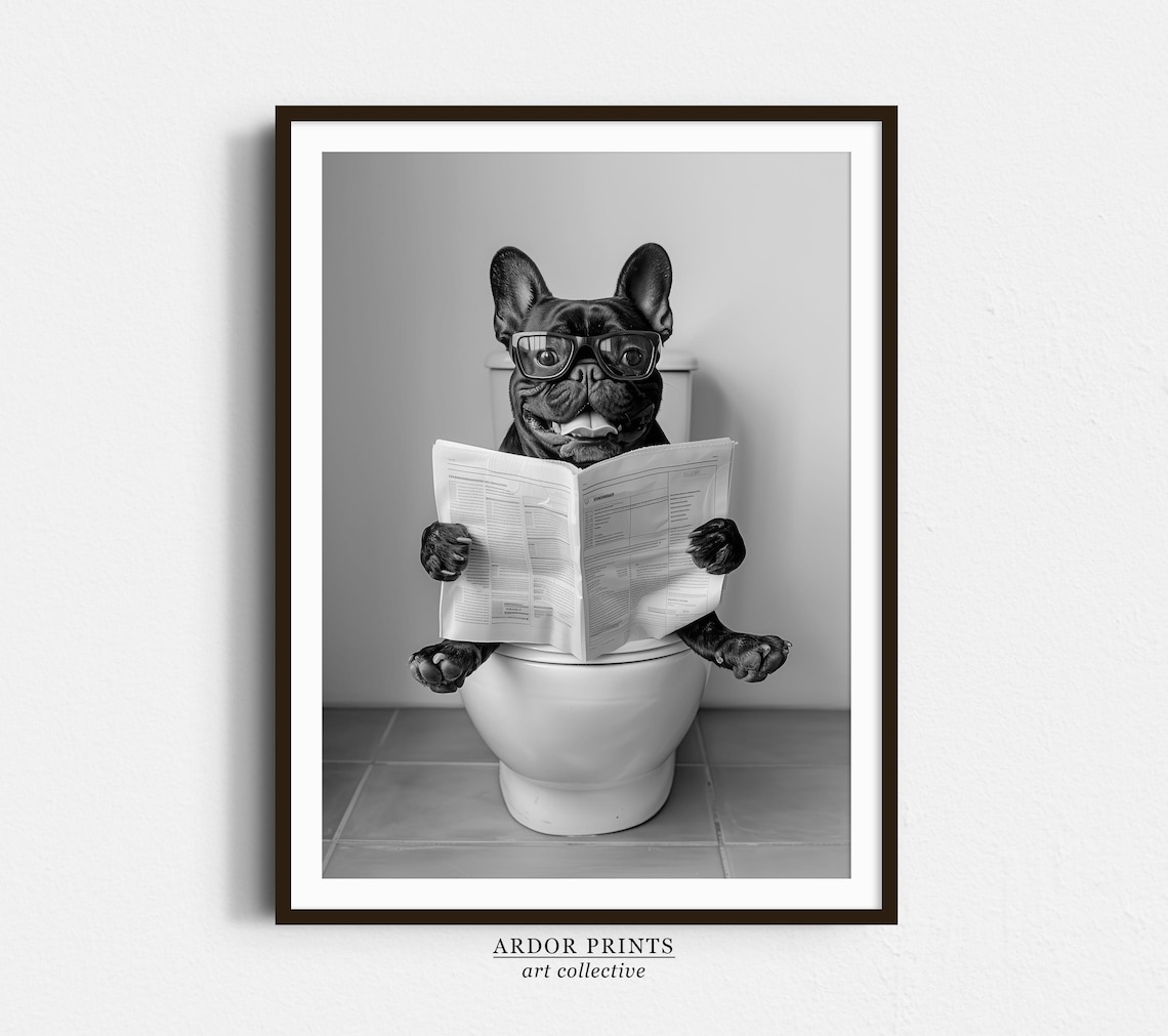 Black French Bulldog Reading Newspaper In Toilet Poster
